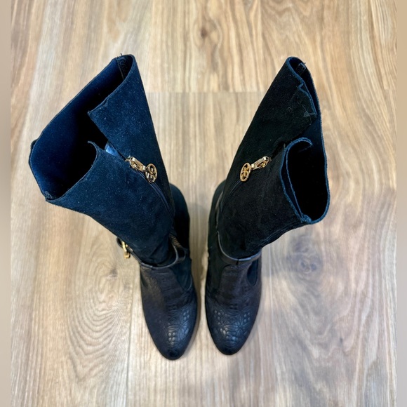 FABI Black Suede & Embossed Leather Platform Wedge Ankle Boots - Picture 3 of 6